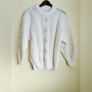 VINTAGE 90s Hand Knit Cable Knit Sweater With Flowers